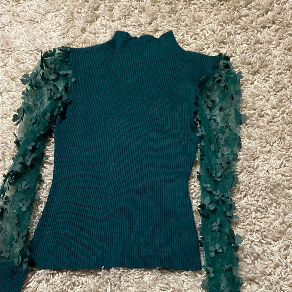 Elegant Teal Top with Floral Sleeves